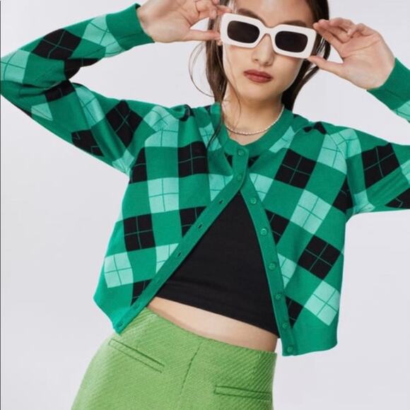 Zara Black Green Argyle Knit Cardigan Bloggers Favorite Size Medium - Picture 2 of 6